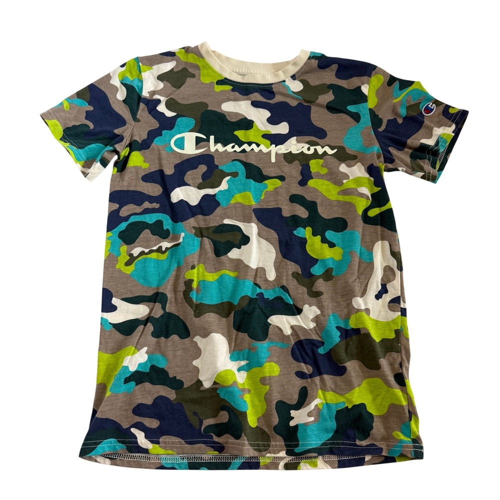 Champion Boys Camo Script Logo T-Shirt Blue Green Brown Size Large L Short S